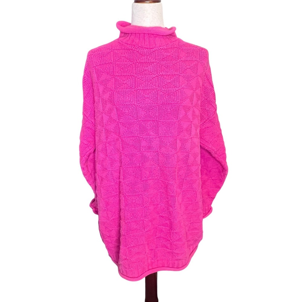 Vintage 90s Pink 3DTextured Roll Neck Chunky Cotton Sweater Slouchy Oversized OS